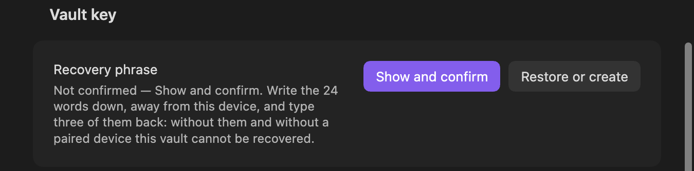 The Recovery phrase row reading Not confirmed, with Show and confirm and Restore or create