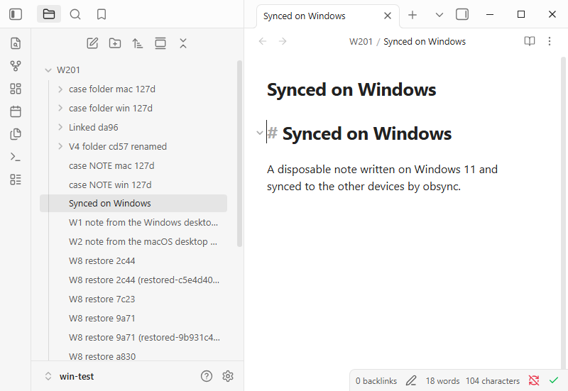 Obsidian on Windows 11 with obsync idle: the disposable W201 folder and the status bar's check mark