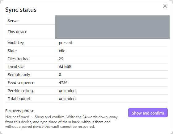 obsync's Sync status on Windows 11, the server address and this device's name and id masked