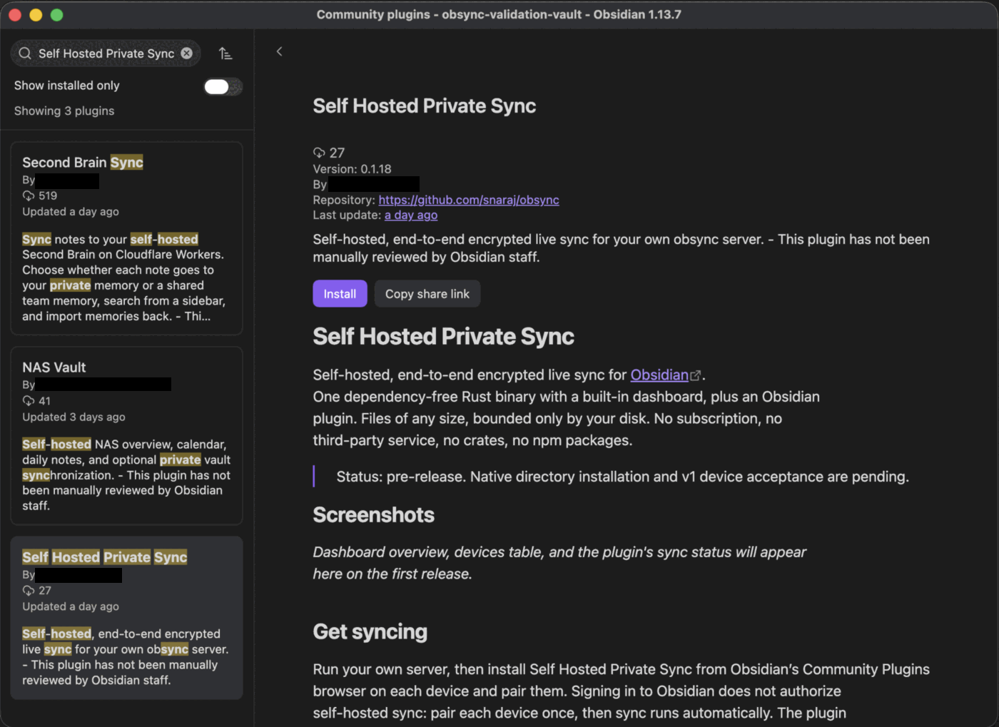 Obsidian's Community plugins browser showing Self Hosted Private Sync with its Install button