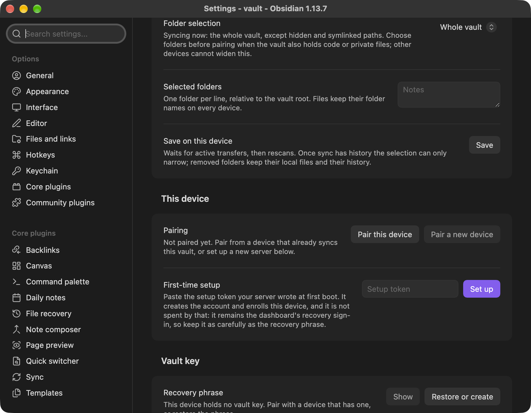 The plugin settings tab scrolled to the folder selection, Pairing, and the First-time setup token field